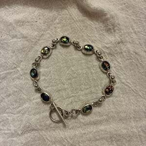 Vintage Sterling Silver Mosaic Opal Toggle Link Bracelet